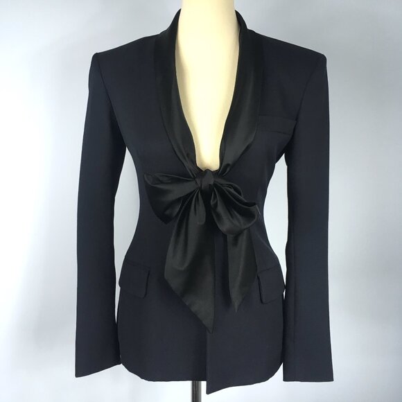 Faith Connexion Navy Blue Tuxedo Blazer Jacket Wool Silk Bow Satin Lapels XS 0 2 - Picture 4 of 16